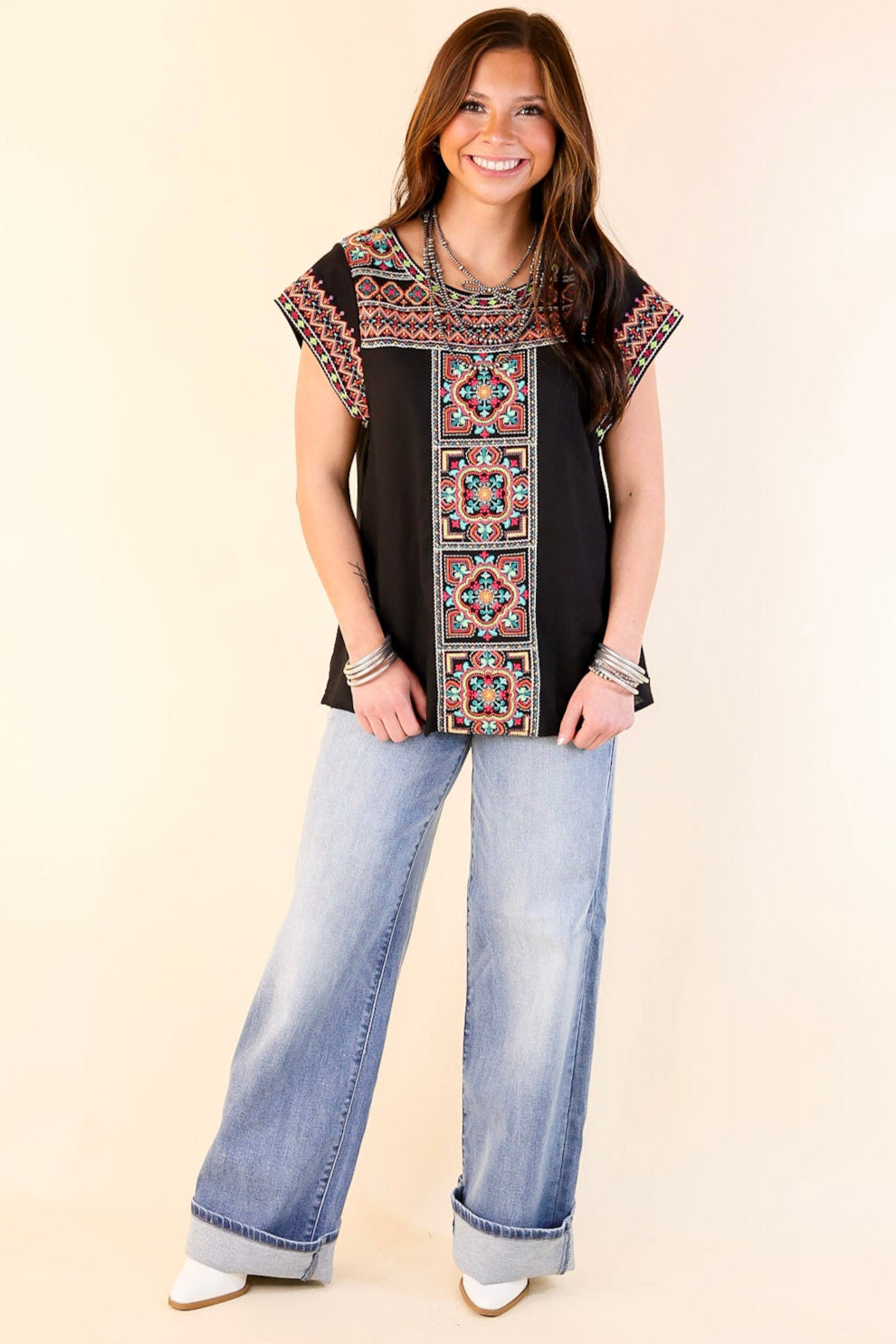Take A Trip Multi Color Embroidered Cap Sleeve Top in Black