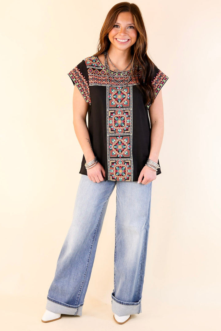 Take A Trip Multi Color Embroidered Cap Sleeve Top in Black