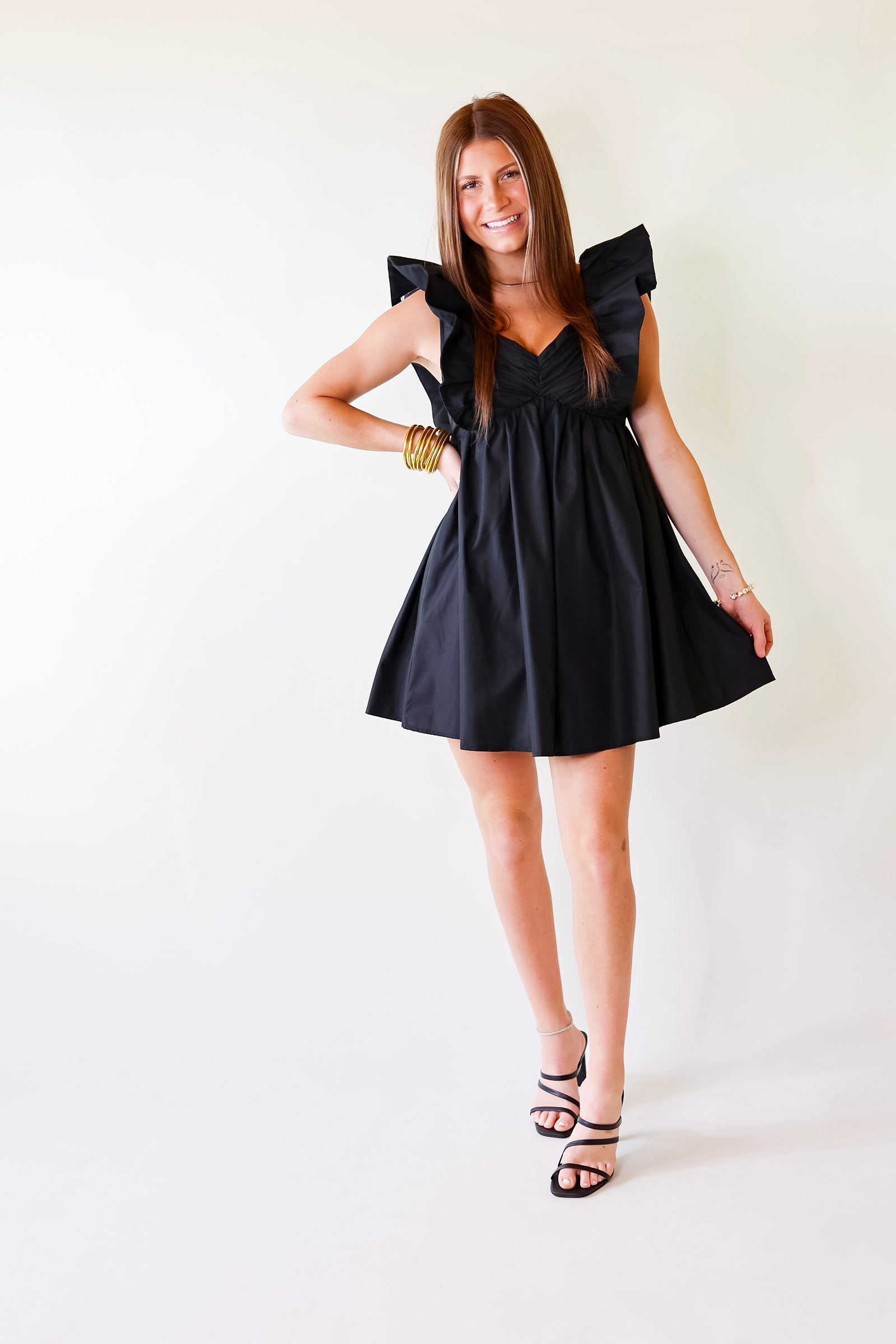 Pixie Perfect Ruffled Sleeve V Neck Dress in Black - Giddy Up Glamour Boutique