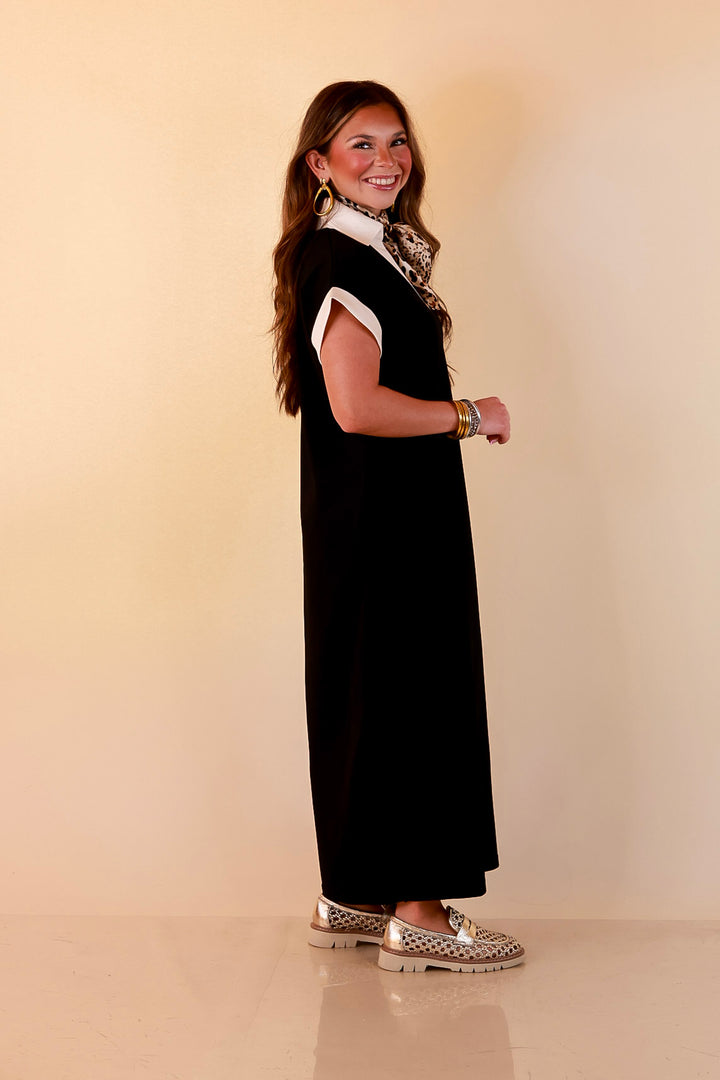 Park Avenue Solid Short Sleeve Knit Midi Dress with Ivory Trim in Black
