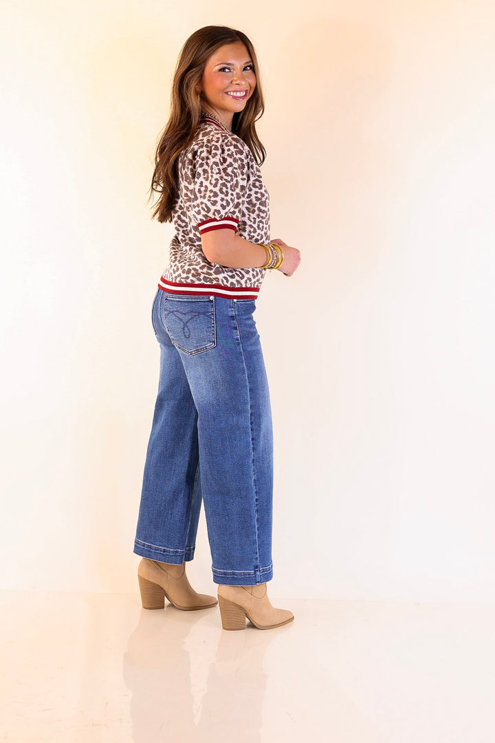 Feline Fine Leopard Print Short Sleeve Sweater with Contrast Trim in Maroon