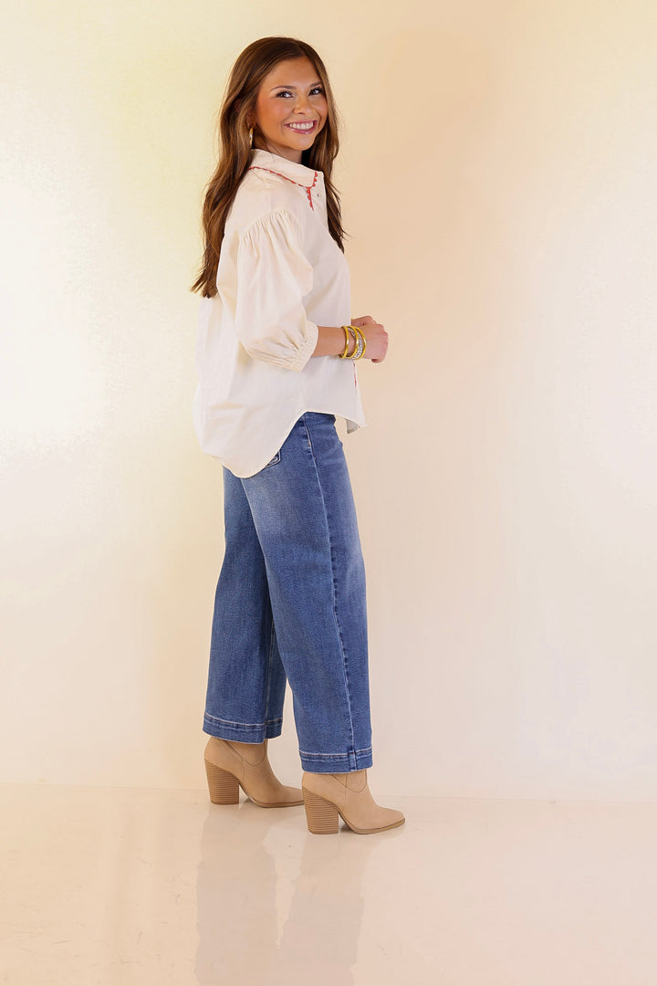 Ripple Effect Puff Sleeve Button-Up Top with Rick-Rack Trim Detailing in Cream