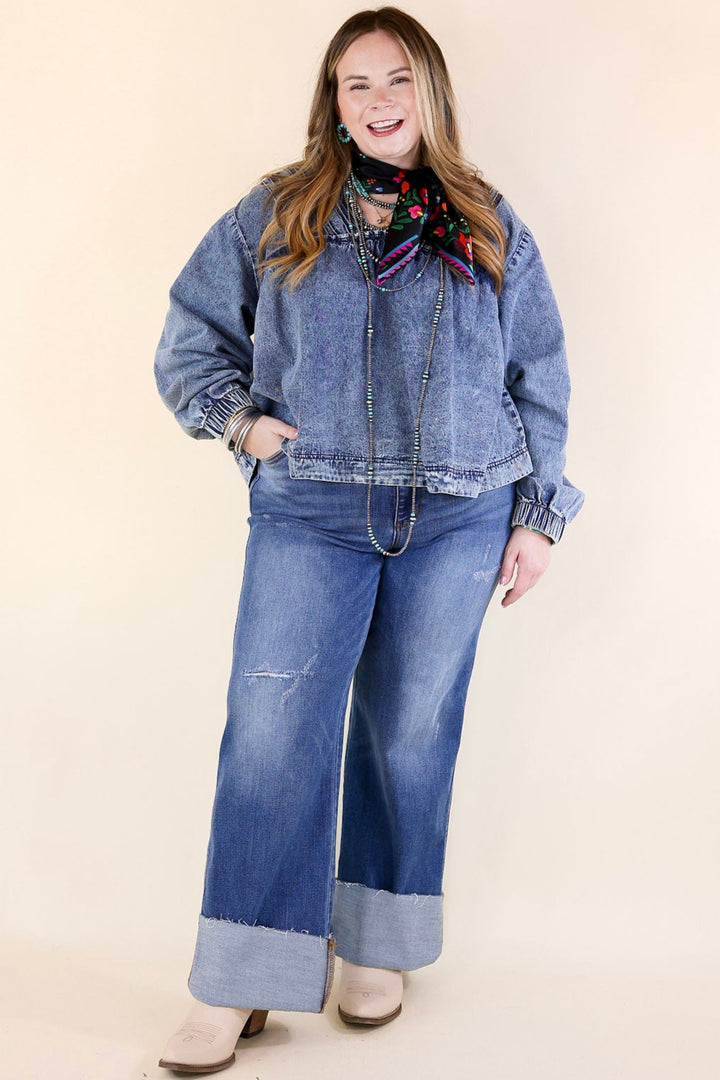 Western Soul Long Sleeve V Neck Denim Top in Medium Wash