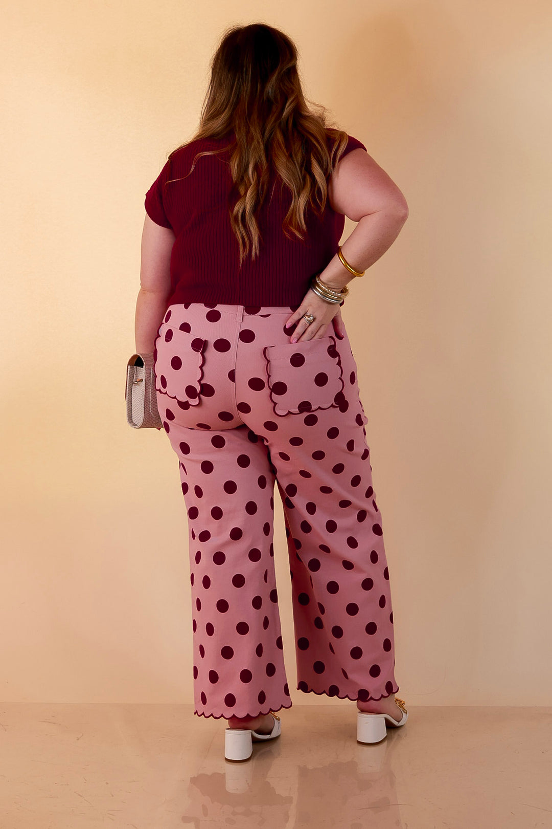 Polished Play Polka Dot Print Wide Leg Denim Pants with Scallop Detailing in Blush Pink and Maroon