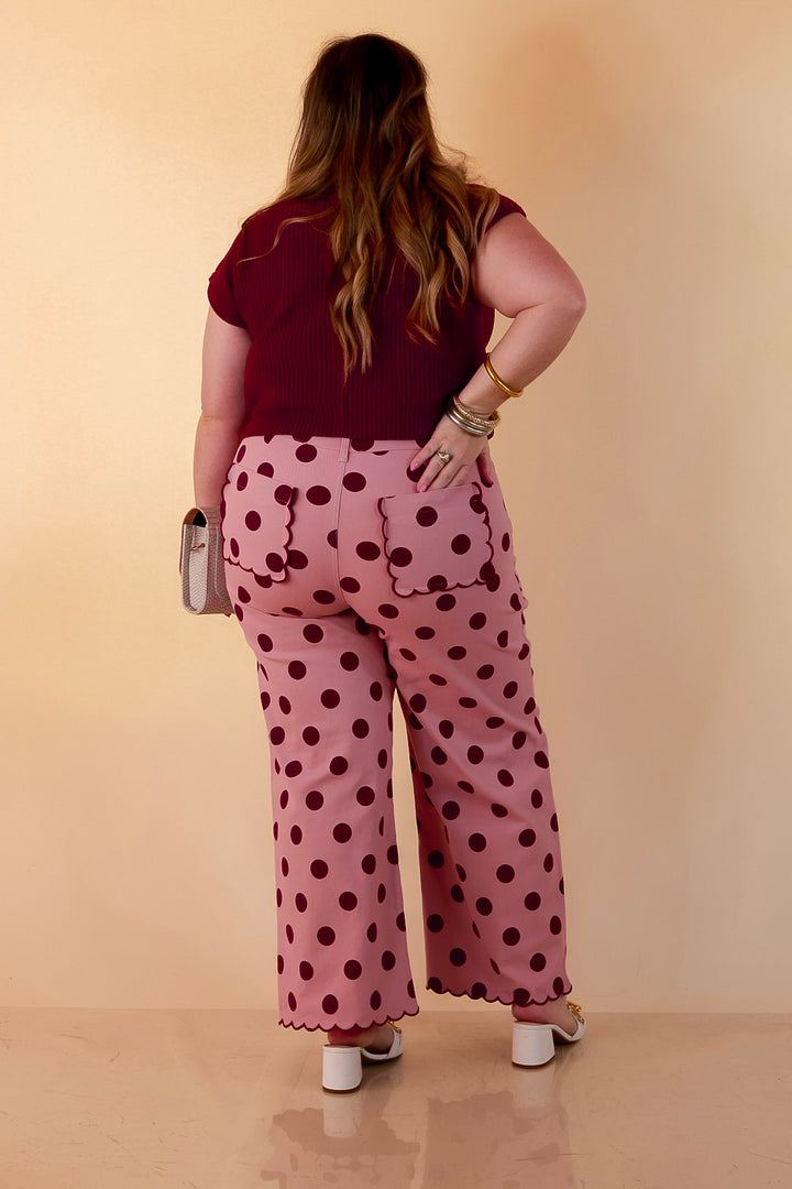 Polished Play Polka Dot Print Wide Leg Denim Pants with Scallop Detailing in Blush Pink and Maroon