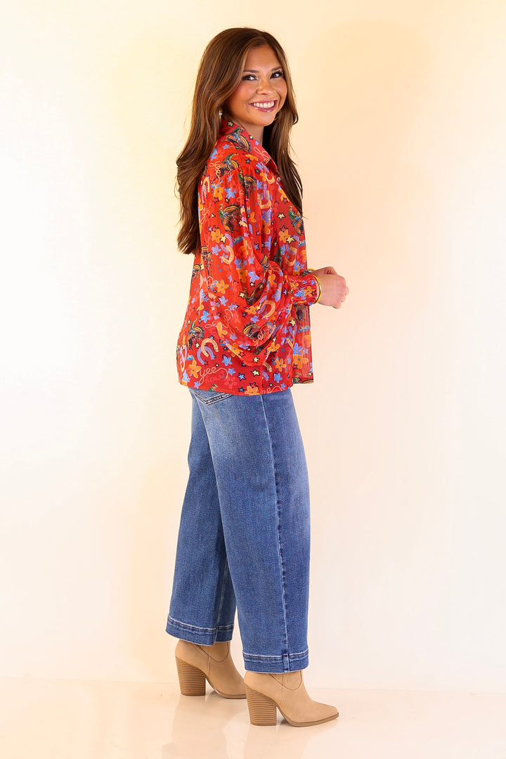 Winning Streak Button Up Collared Horseshoe Print Mesh Top with Long Balloon Sleeves in Red