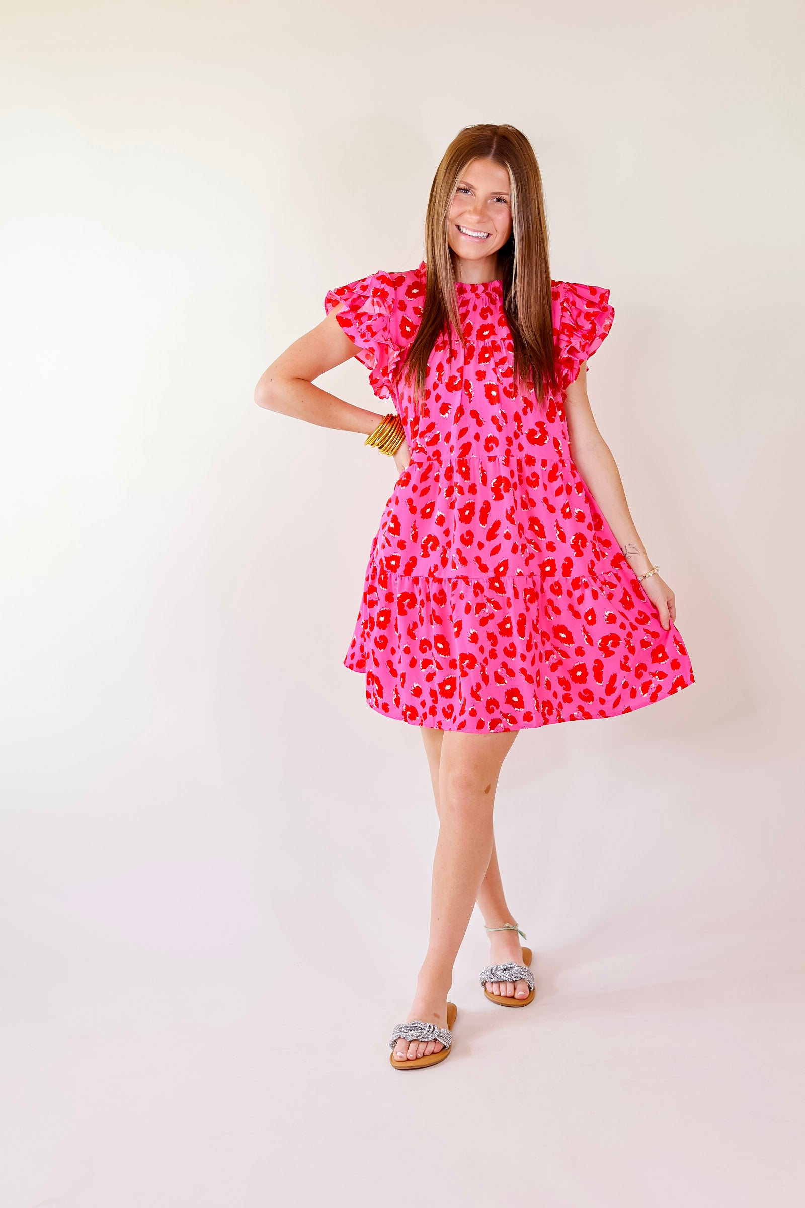 Daring and Delightful Leopard Print Dress with Ruffle Cap Sleeves in Pink - Giddy Up Glamour Boutique