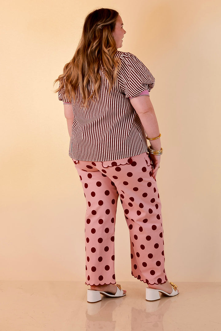 Pop of Polish Short Puff Sleeve Button Front Top with Contrast Trim in White, Maroon, and Pink