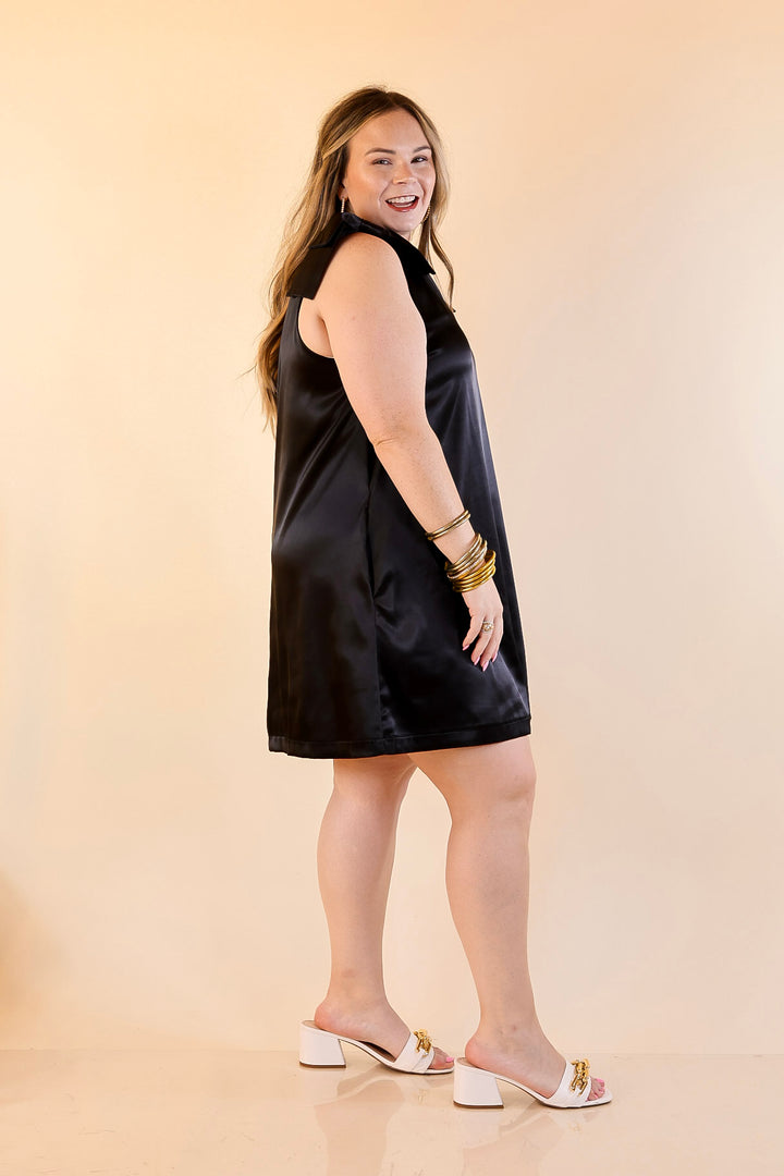 Satin Soirée V Neck Mini Dress with Bow Strap Detailing in Black