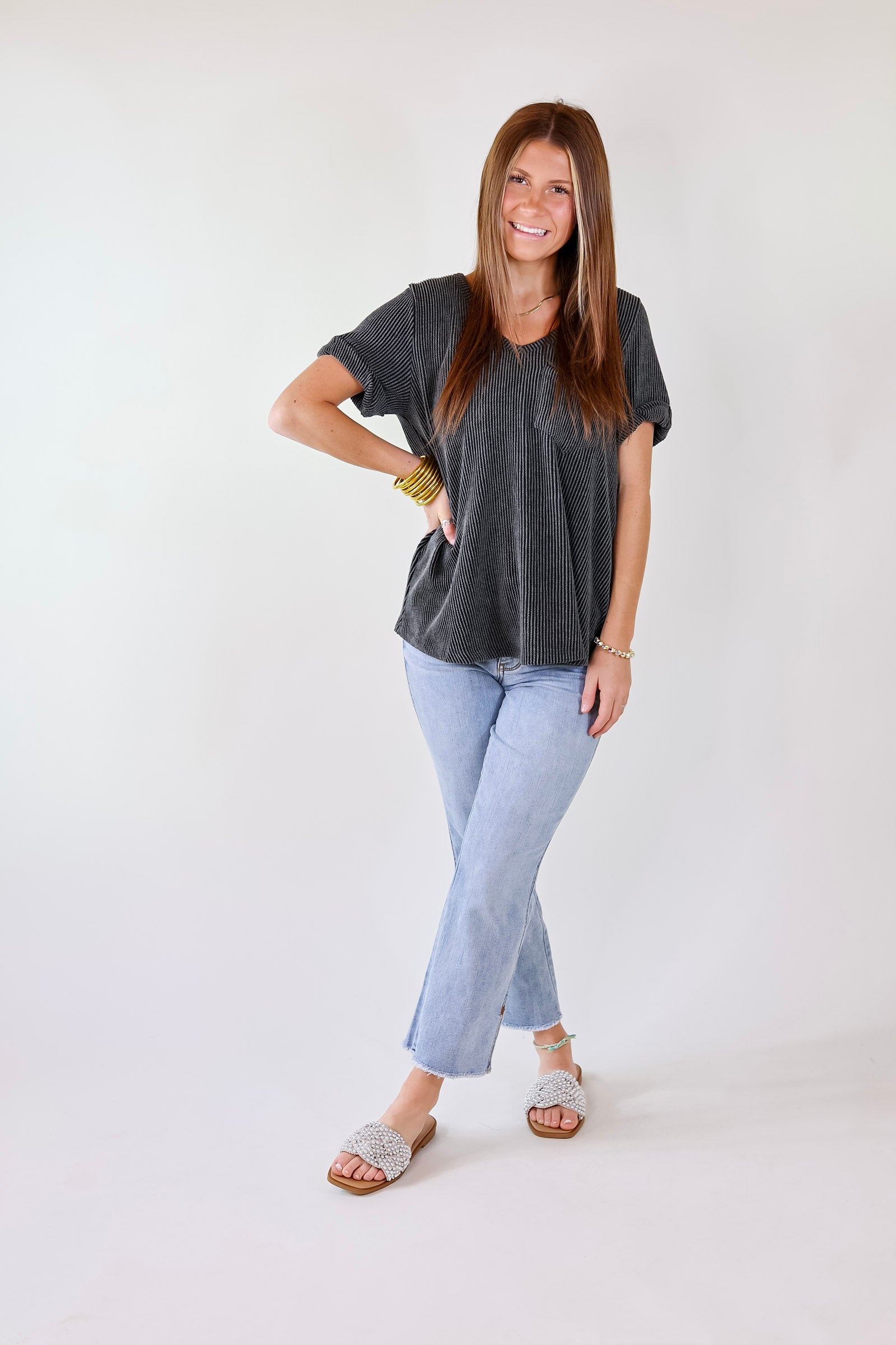 Only True Love Ribbed Short Sleeve Top with Front Pocket in Charcoal Black - Giddy Up Glamour Boutique