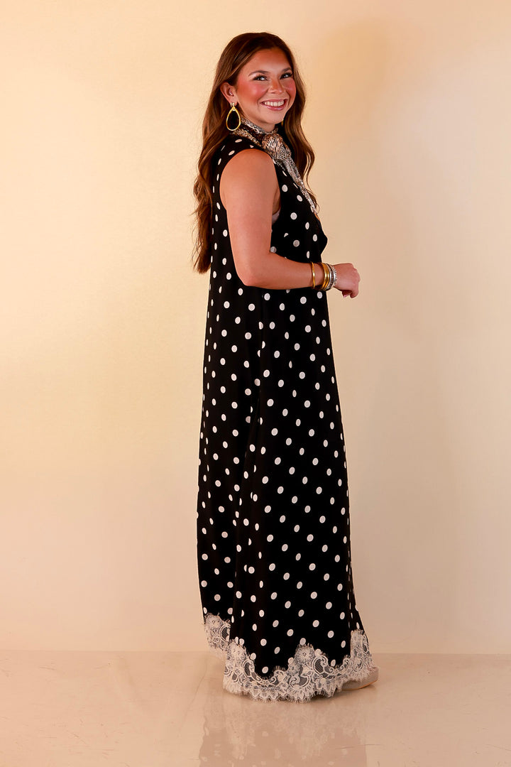 Sweet Little Something Polka Dot Sleeveless Maxi Dress with Lace Trim in Black