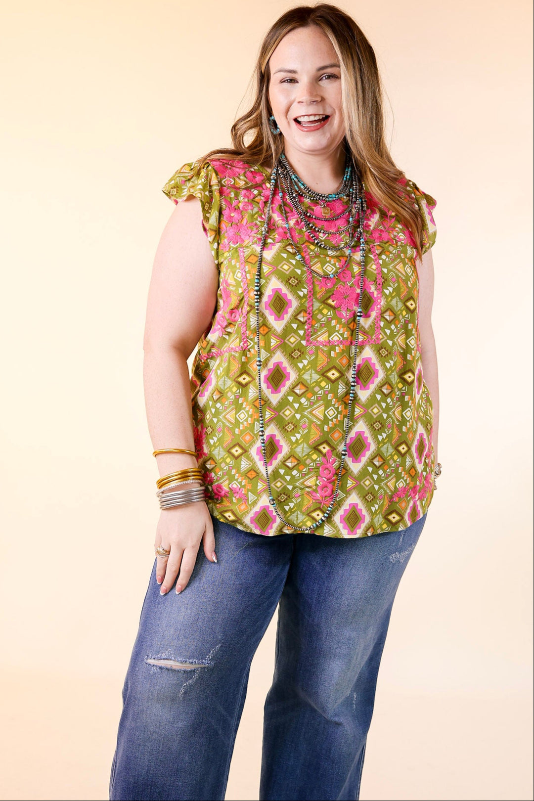 Sweet Serenade Aztec Print Top with Pink Floral Embroidery in Olive Green