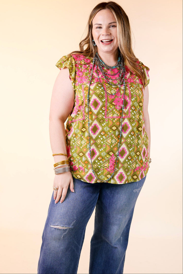 Sweet Serenade Aztec Print Top with Pink Floral Embroidery in Olive Green