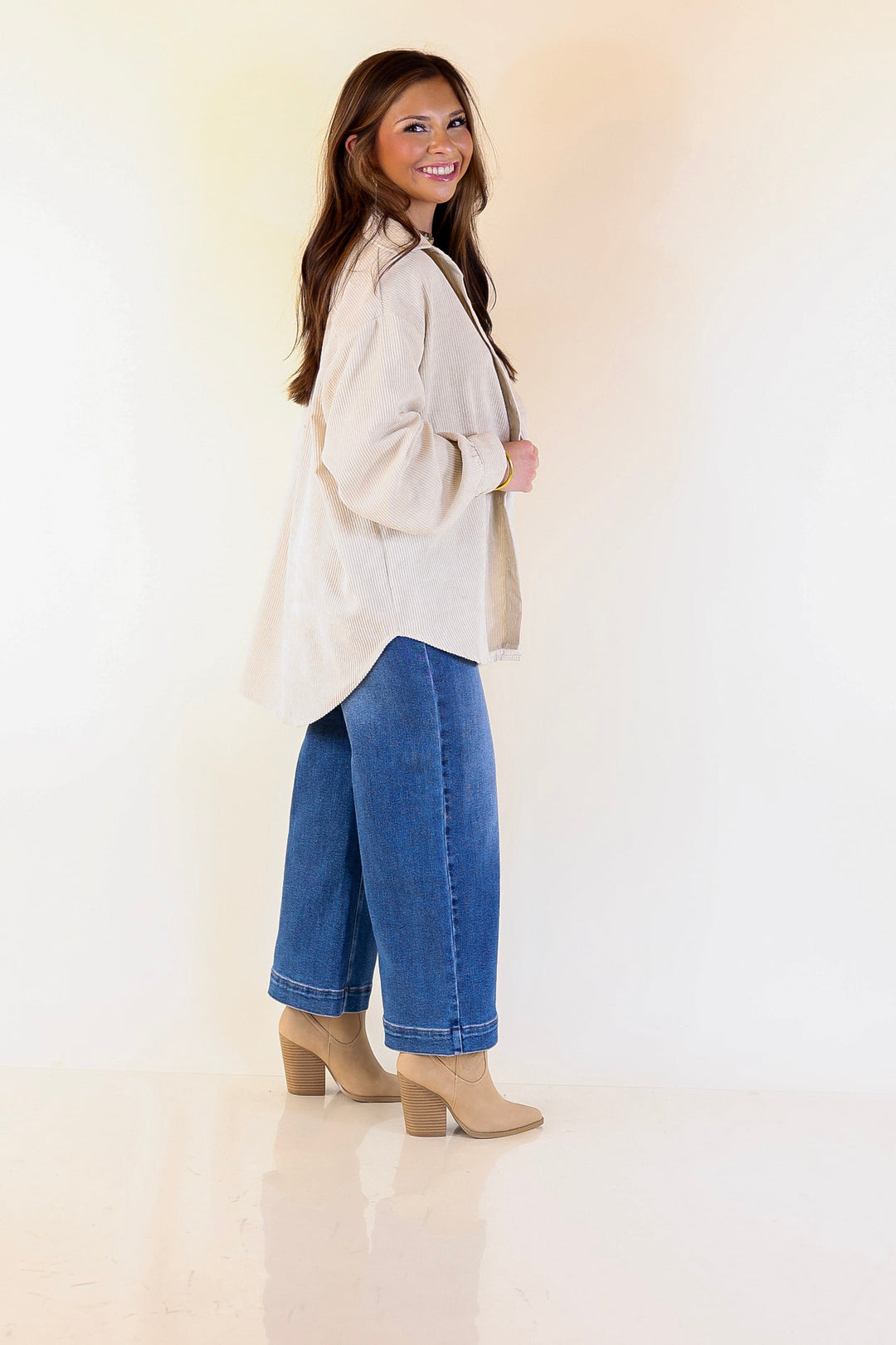 Latte Sips Button Up Corduroy Shacket in Cream