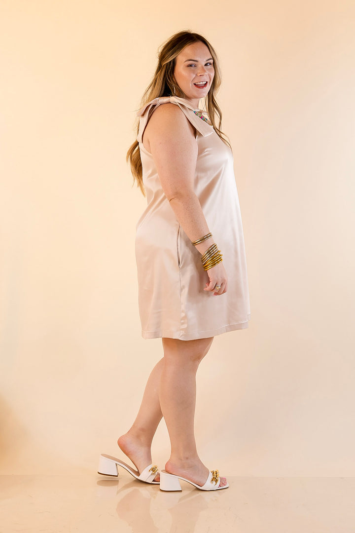 Satin Soirée V Neck Mini Dress with Bow Strap Detailing in Champagne