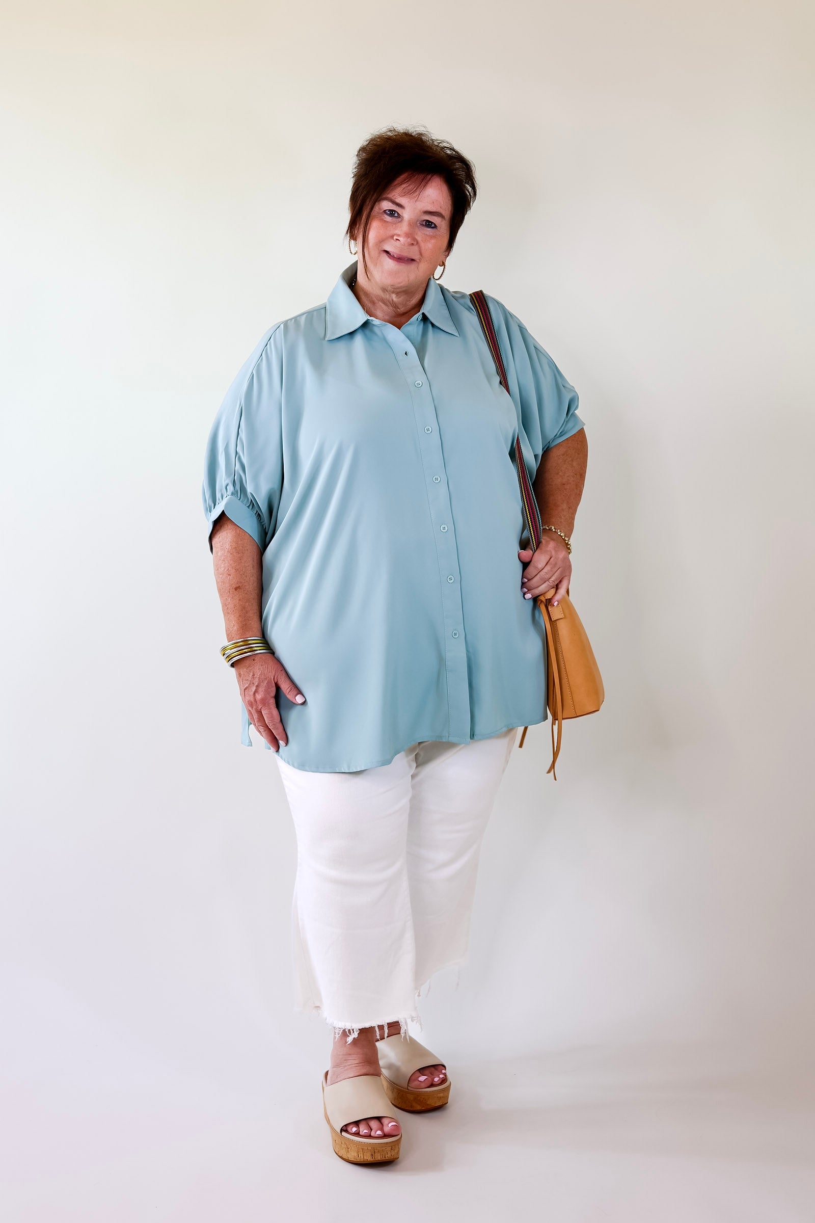 City Lifestyle Button Up Half Sleeve Poncho Top in Seafoam Blue - Giddy Up Glamour Boutique