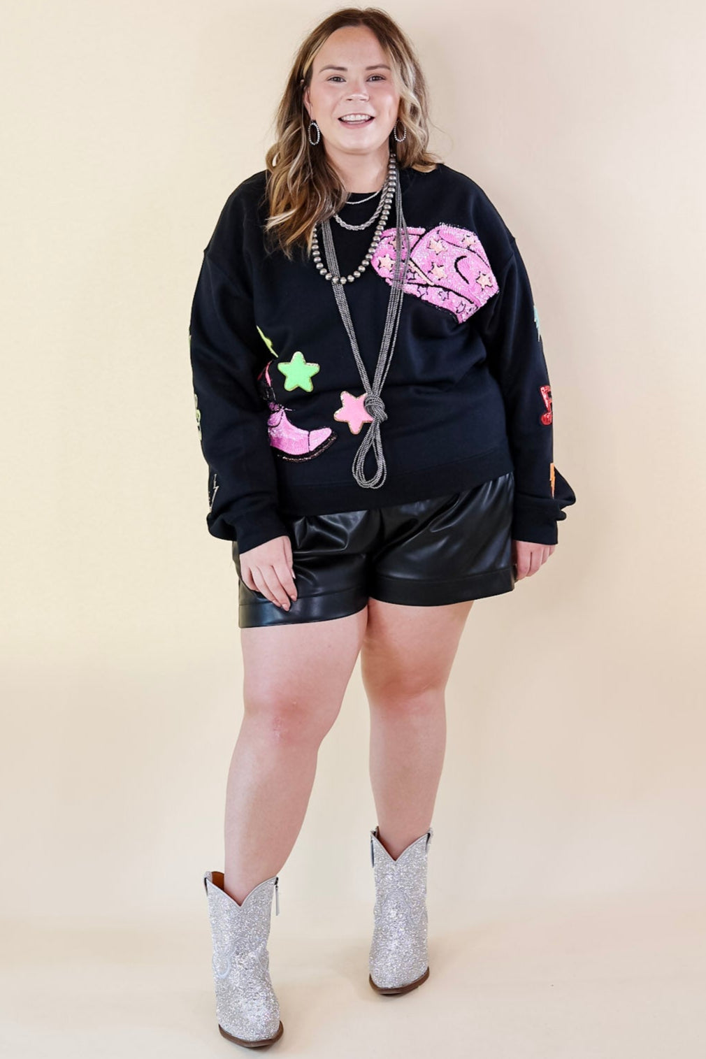 Nashville Lights Chenille and Sequin Patch Graphic Sweatshirt in Black - Giddy Up Glamour Boutique