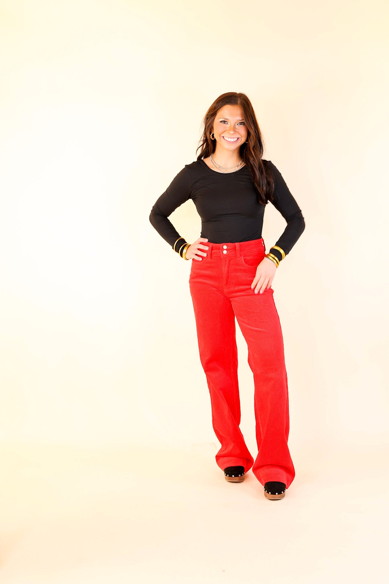 Judy Blue | Strut in Style High Waisted Wide Leg Corduroy Trouser in Ruby Red