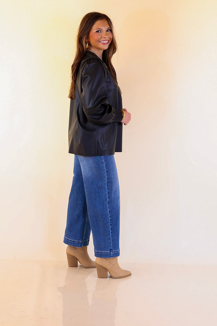 Mud Pie | Putnam Faux Leather Long Sleeve Top with Smocked Cuffs in Black