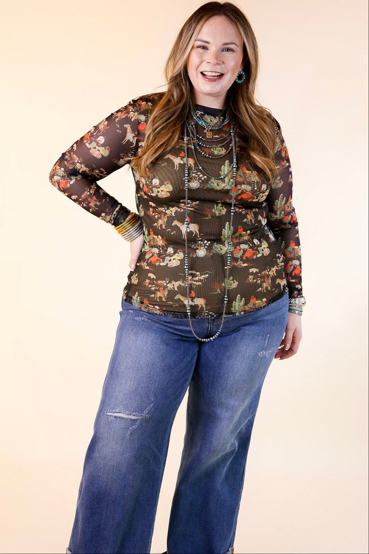 Western Dream Mesh Long Sleeve Top with Retro Western Print in Black