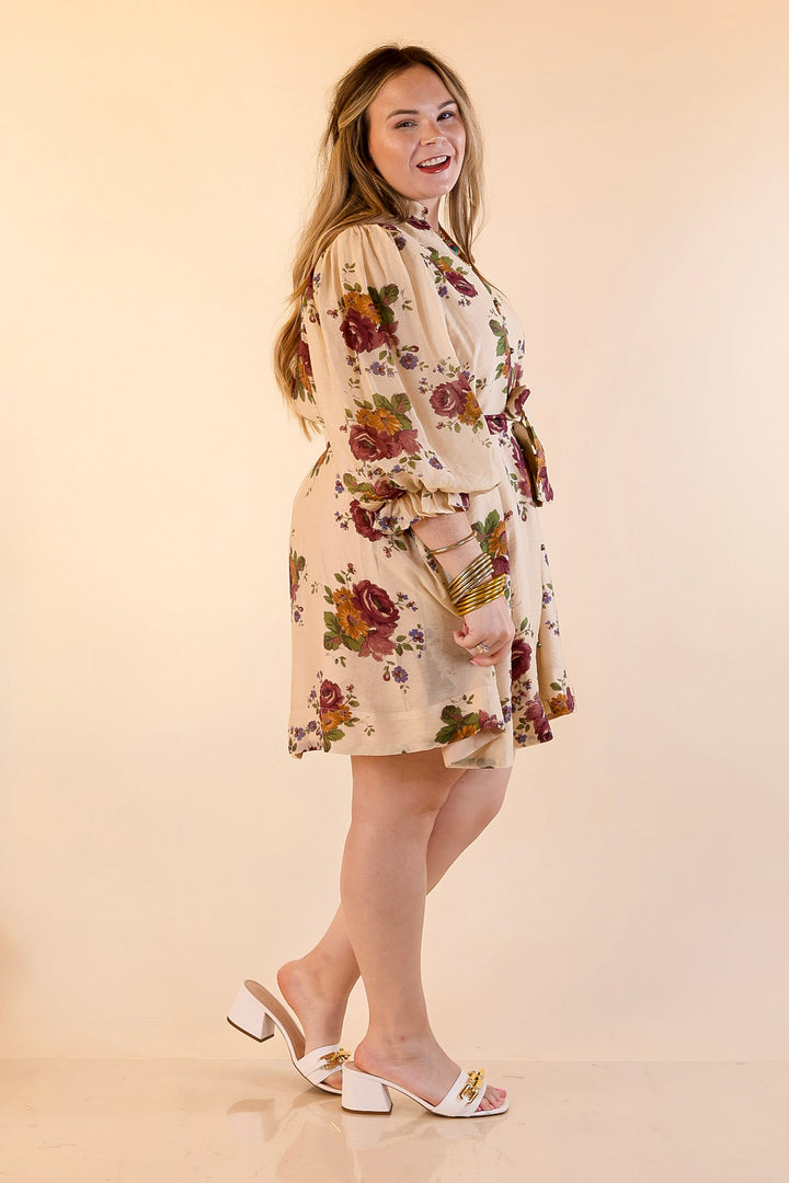 Garden Stroll Floral Dress with A-Line Skirt and and Belt in Vanilla Cream