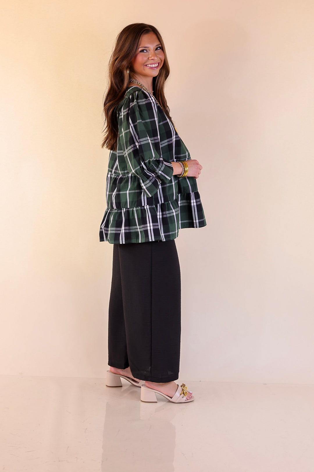 Mud Pie | Ashford Plaid Babydoll Top with Ruffle Hem and 3/4 Balloon Sleeves in Green