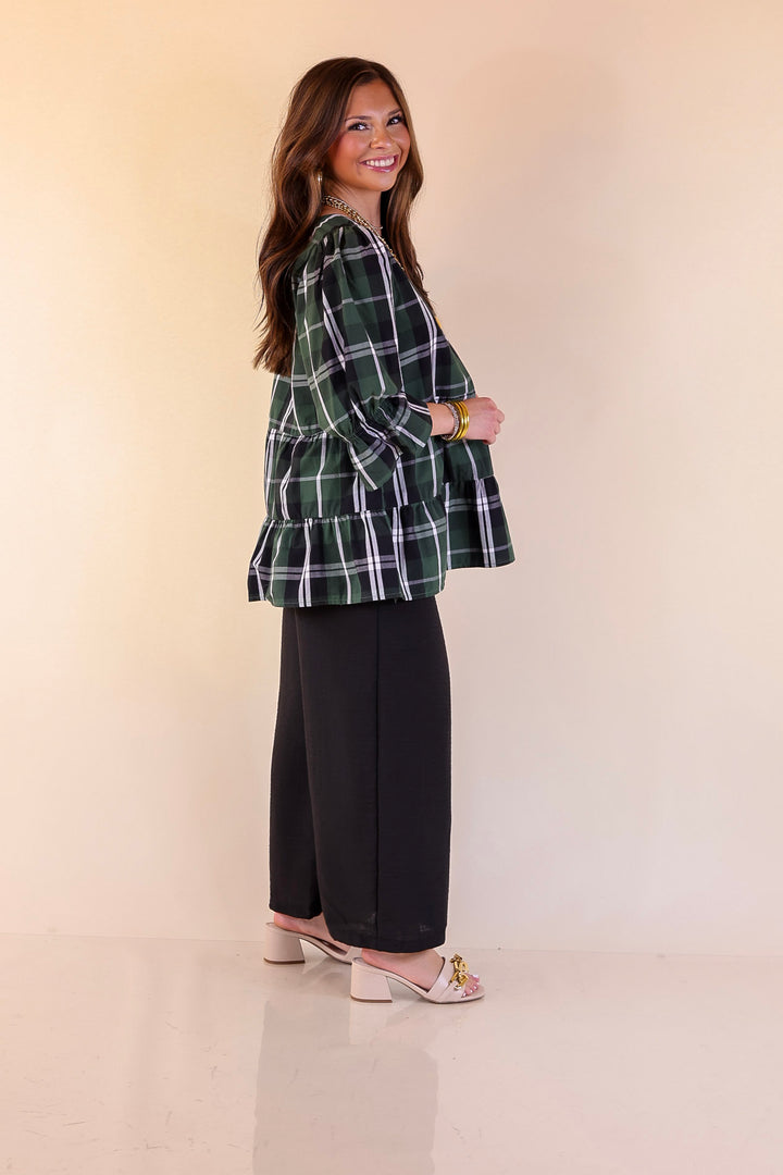 Mud Pie | Ashford Plaid Babydoll Top with Ruffle Hem and 3/4 Balloon Sleeves in Green