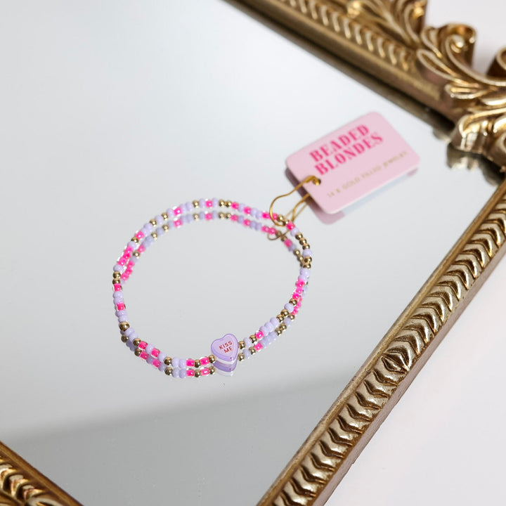 GUG Exclusive by Beaded Blondes | Valentines Day Kiss Me Conversation Heart on Hot Pink and Lilac Sprinkle