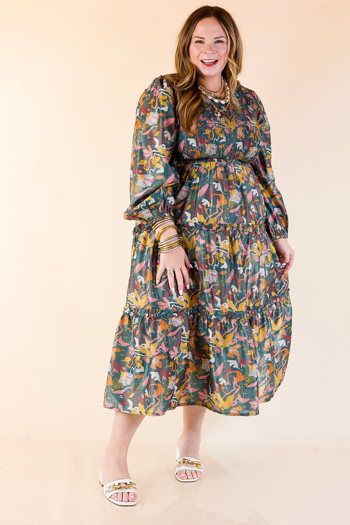 Mud Pie | Shaffer Smocked Bodice Long Sleeve Midi Dress with Tiered Skirt in Blue Mix