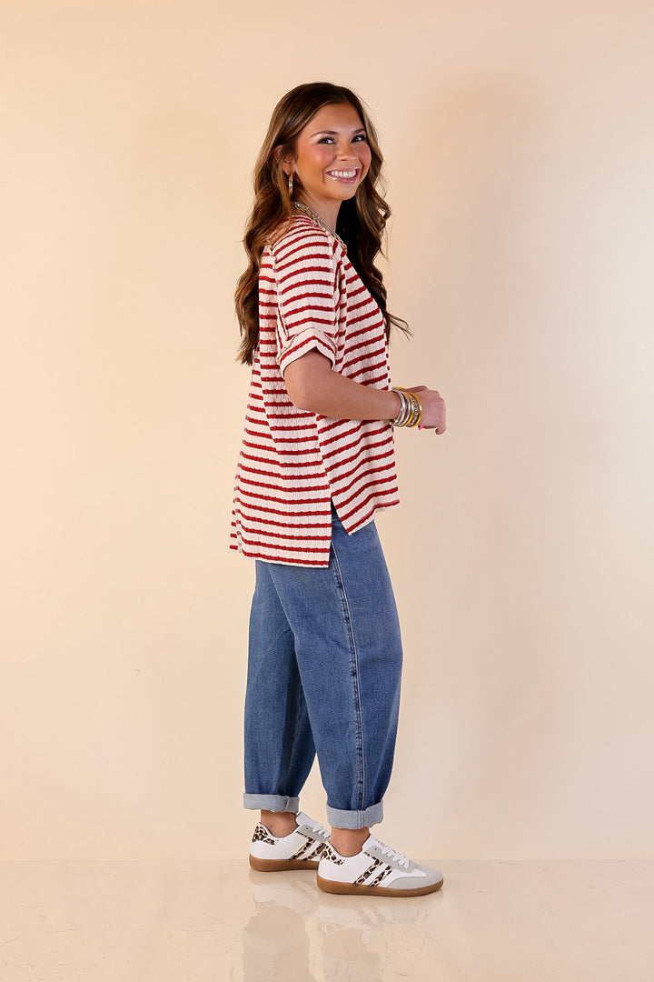 On The Daily Scoop Neck Short Sleeve Textured Top in Red