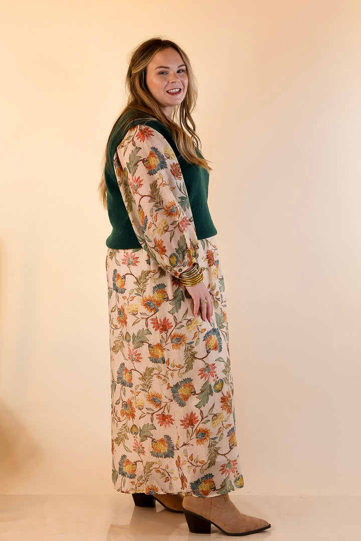 Charming Impression Floral Print Maxi Dress with Long Sleeves in Cream, Olive, Teal and Rust
