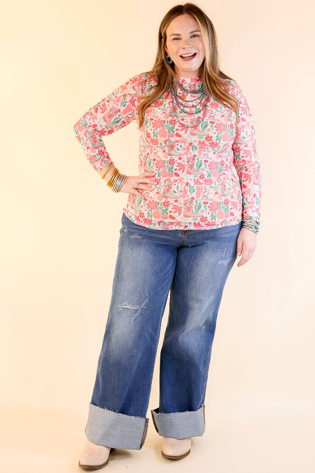 Western Dream Mesh Long Sleeve Top with Western Floral Print in Pink