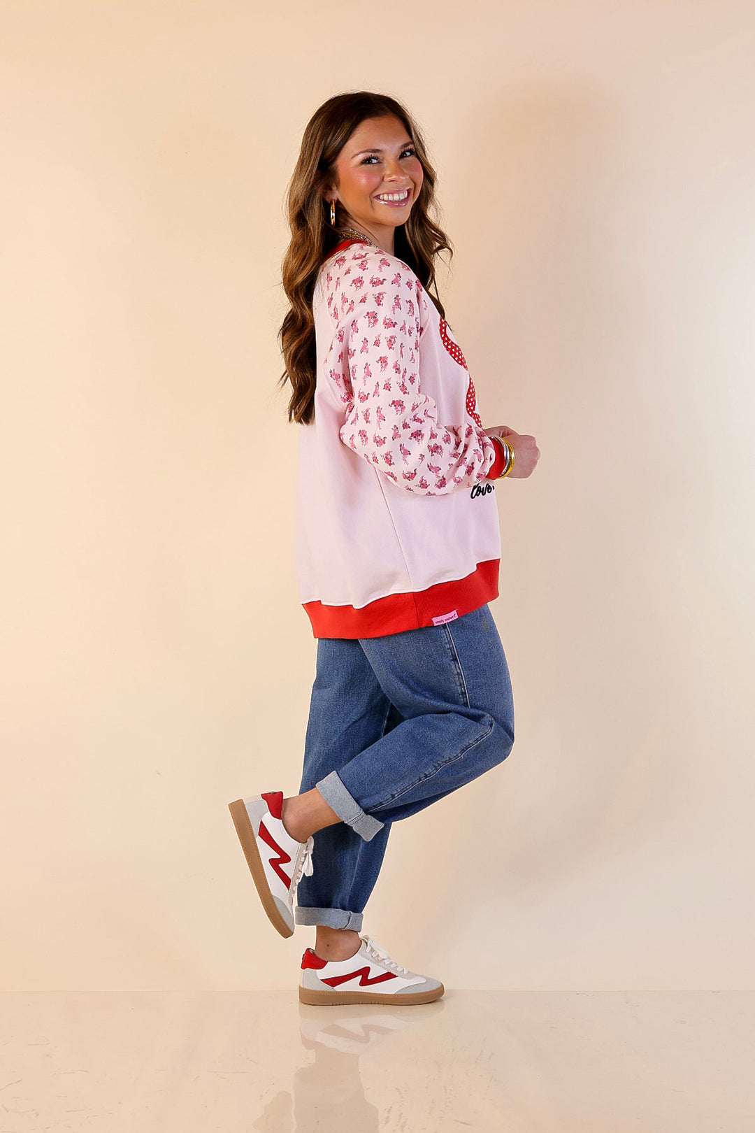 Simply Southern | Sweet on You Bow Detail Crew Neck Sweatshirt with Floral Sleeves in Pink