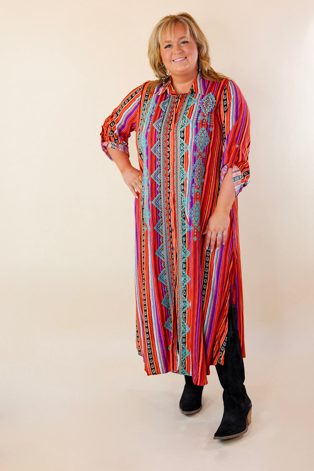 I'm All That Long Serape Button Up Dress with Aztec Print Embroidery - Giddy Up Glamour Boutique