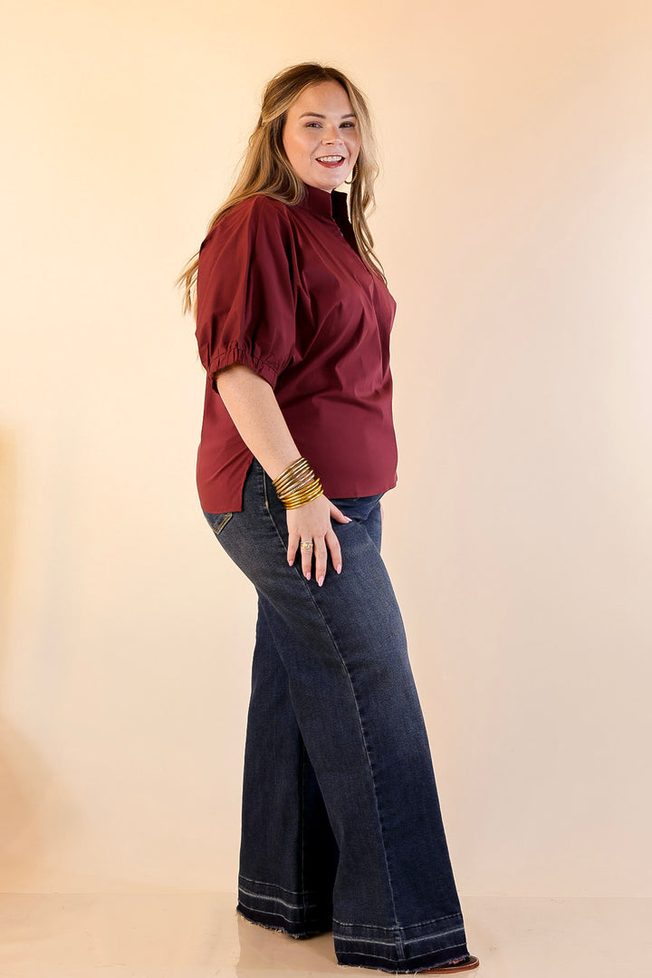 Elevated Basic V-Neck Blouse With Drop Shoulder in Maroon