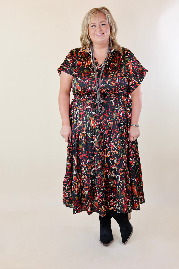 Burnin' Up Multicolor Abstract Print Midi Dress in Black - Giddy Up Glamour Boutique
