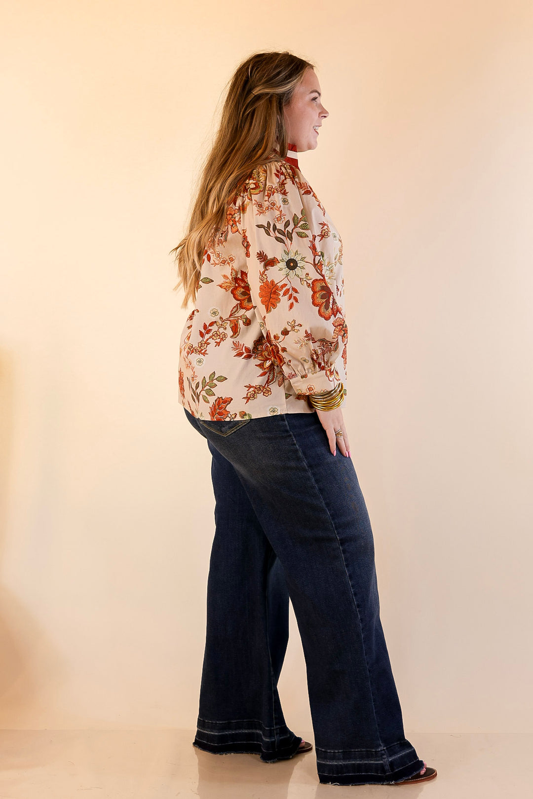 Autumn Allure Floral Long Sleeve Top with Contrast Trim in Rust Orange