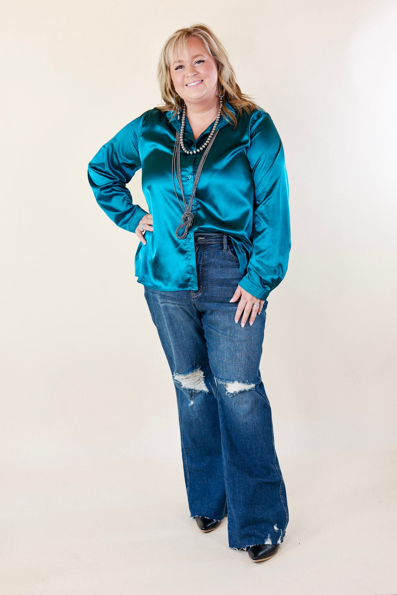 Down To Disco Satin Long Sleeve Button Up Top in Teal Blue - Giddy Up Glamour Boutique