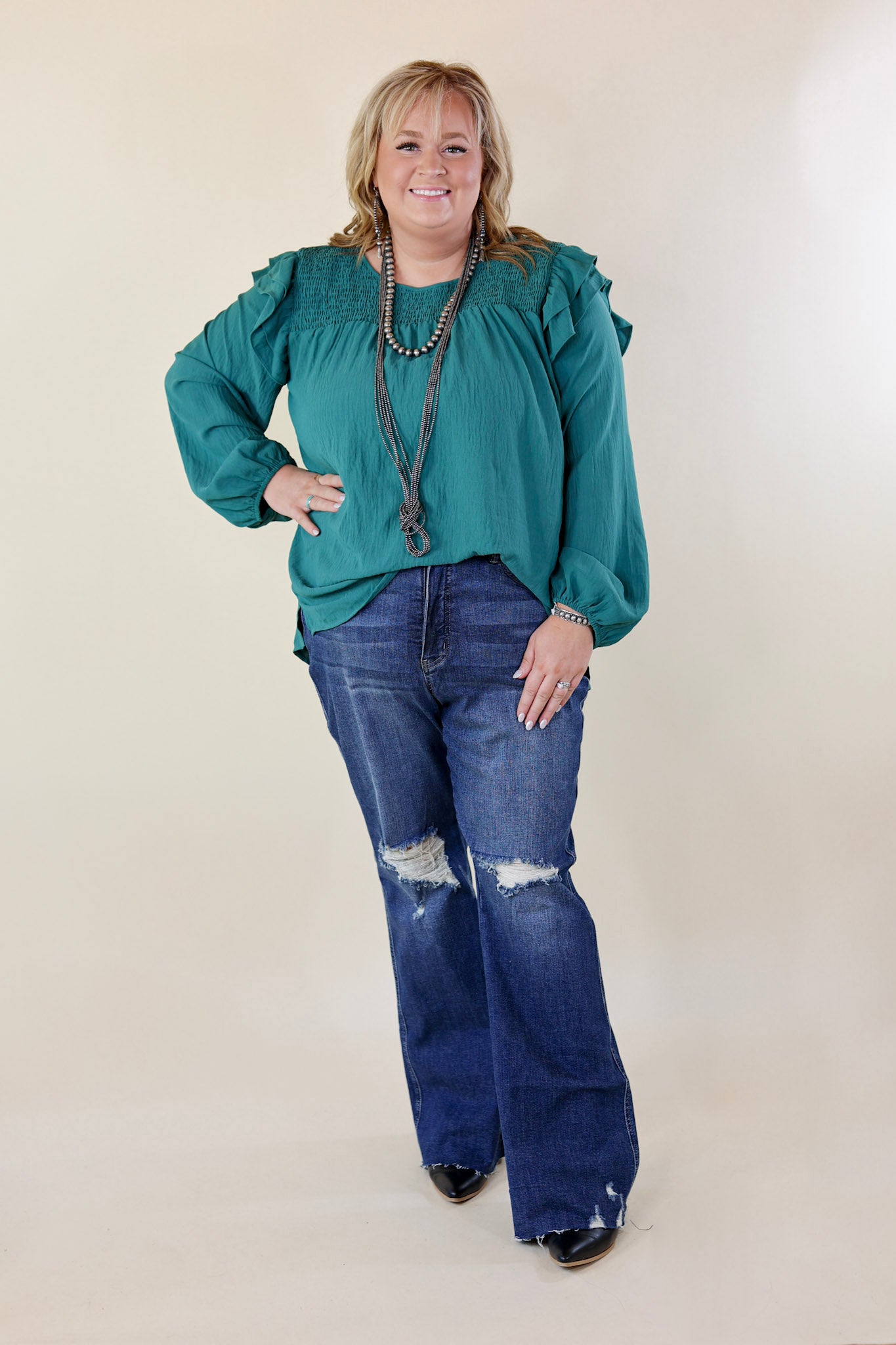 Balcony Nights Ruffle Shoulder Long Sleeve Blouse in Teal - Giddy Up Glamour Boutique