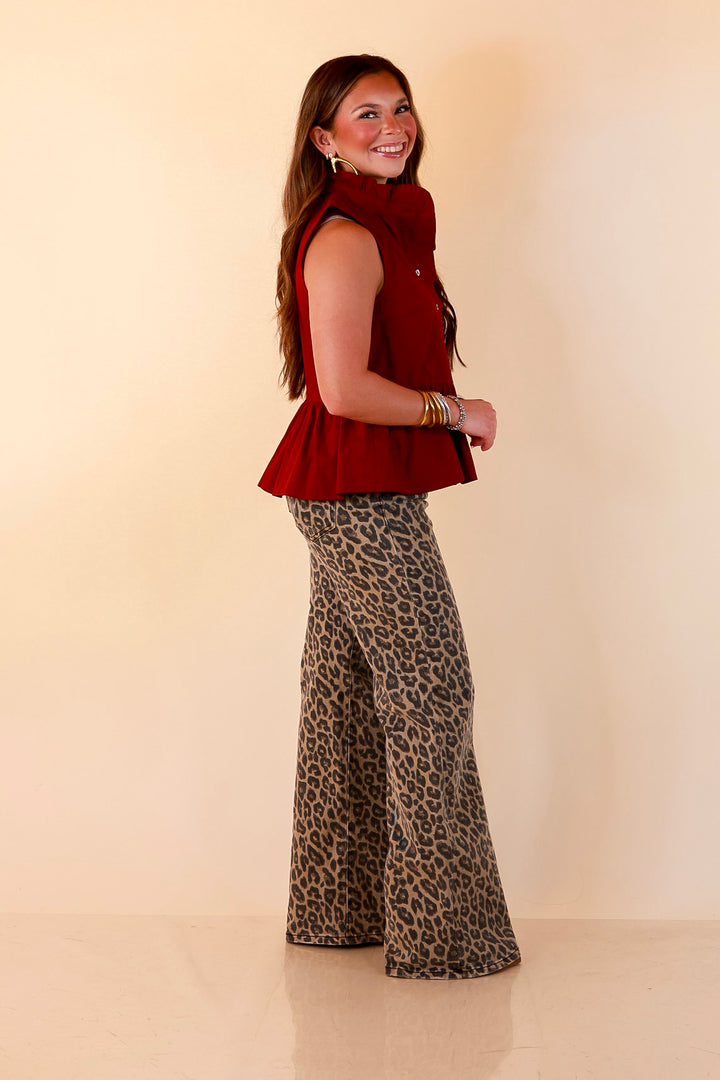 Poised &amp; Polished Sleeveless Ruffle Neck Button Front Peplum Top in Maroon