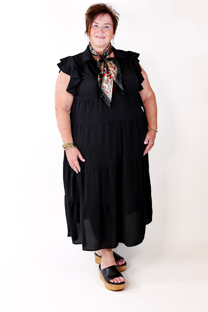 All Of A Sudden Tiered Midi Dress with Ruffle Cap Sleeves in Black - Giddy Up Glamour Boutique