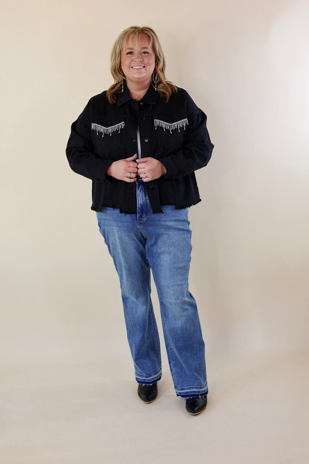 Made To Shine Crystal Fringe Pocket Cropped Denim Jacket in Black - Giddy Up Glamour Boutique