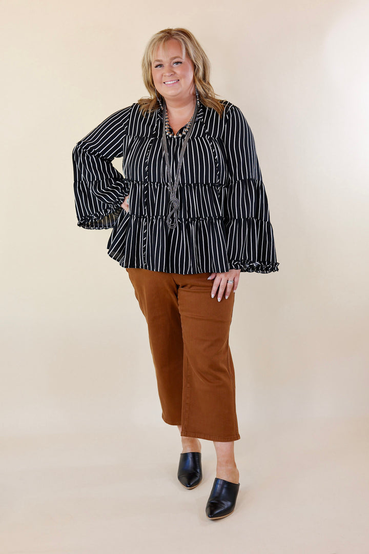 Impressive Touch Striped Bell Sleeve Tiered Blouse in Black - Giddy Up Glamour Boutique