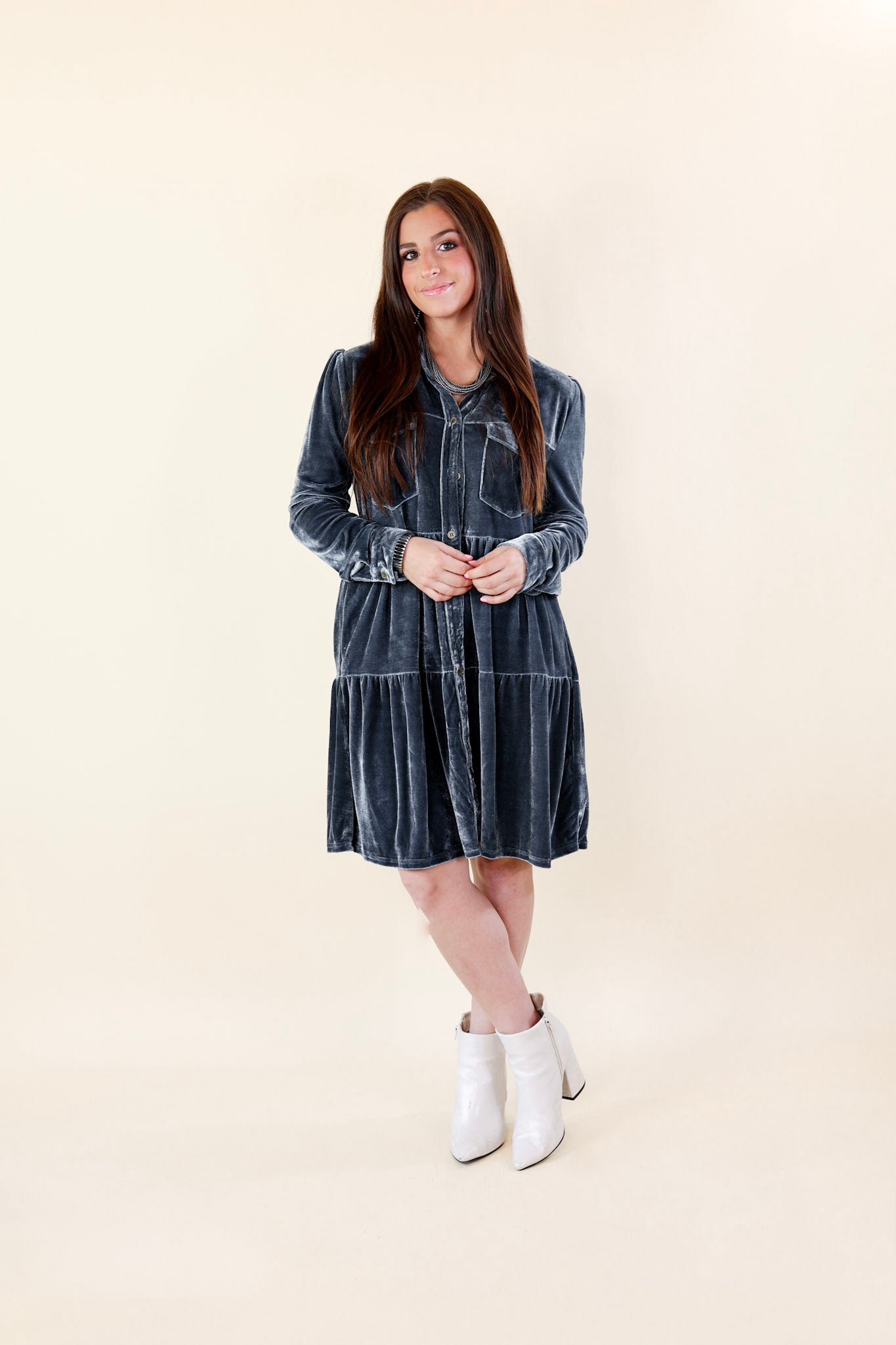 Grateful Gathering Velvet Button Up Dress with Long Sleeves in Steel Blue - Giddy Up Glamour Boutique