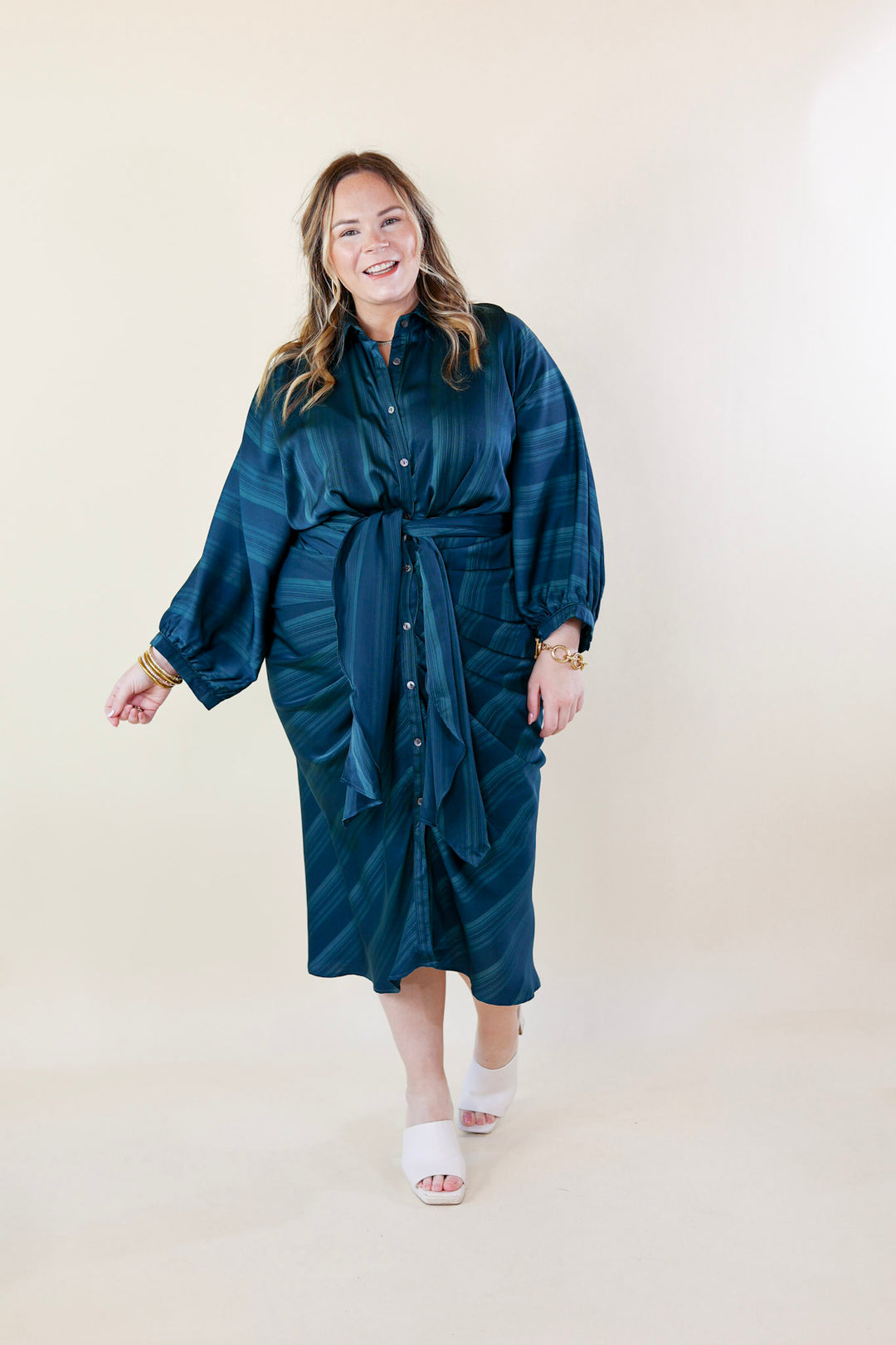 Decisions To Make Button Up Midi Dress in Dark Teal Blue - Giddy Up Glamour Boutique