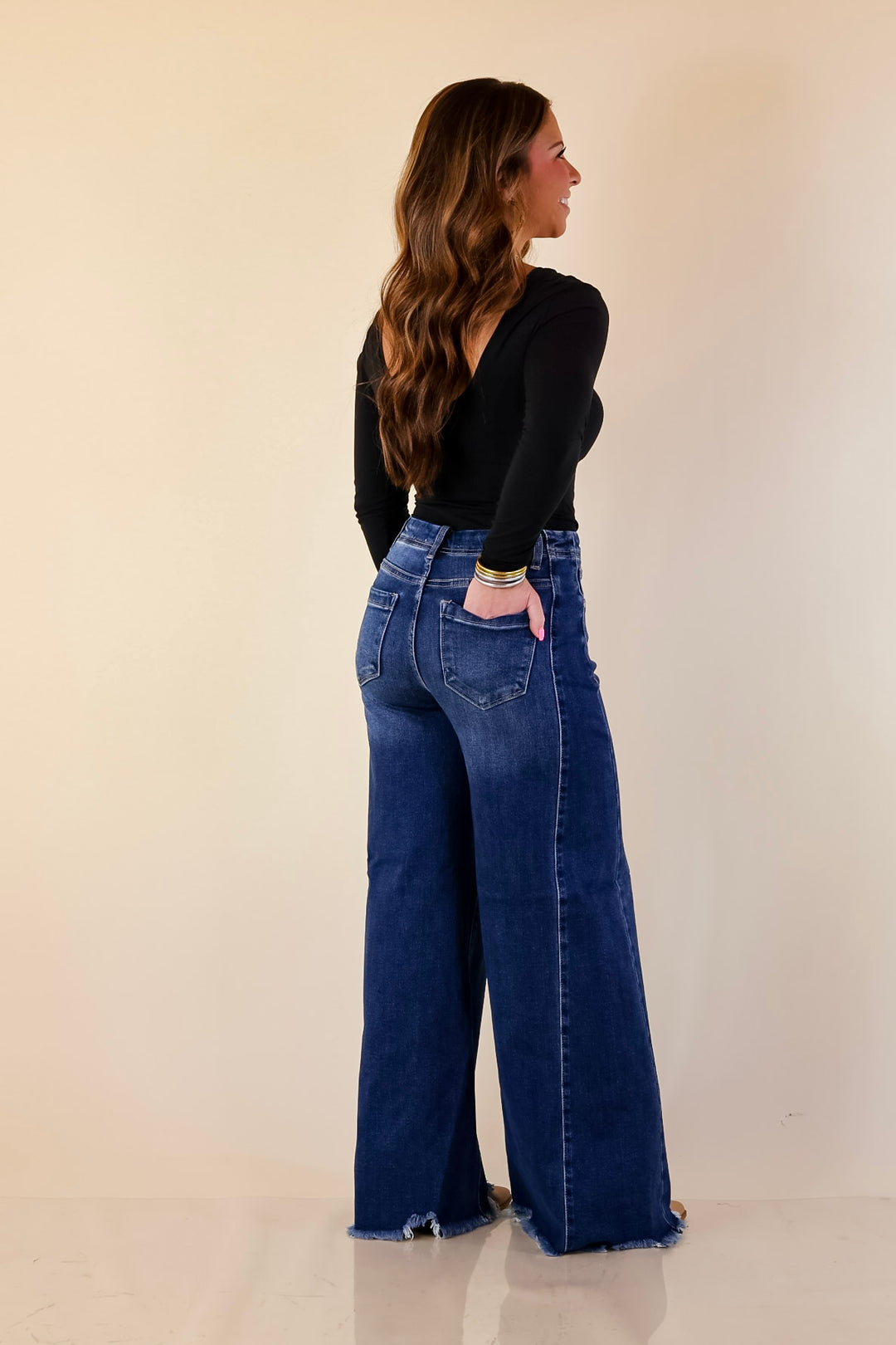 Risen | Holding Steady Wide Leg Raw Hem Jeans in Dark Wash