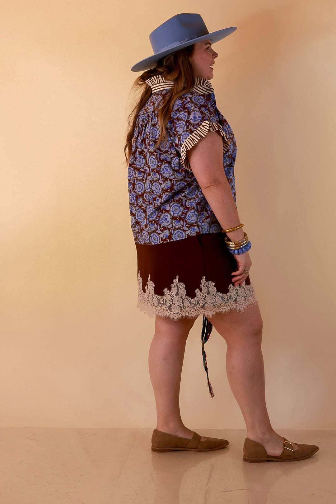 Effortless Grace Floral Print Flutter Stripe Sleeve and Ruffle Collar Detailing Blouse in Brown and Periwinkle Blue