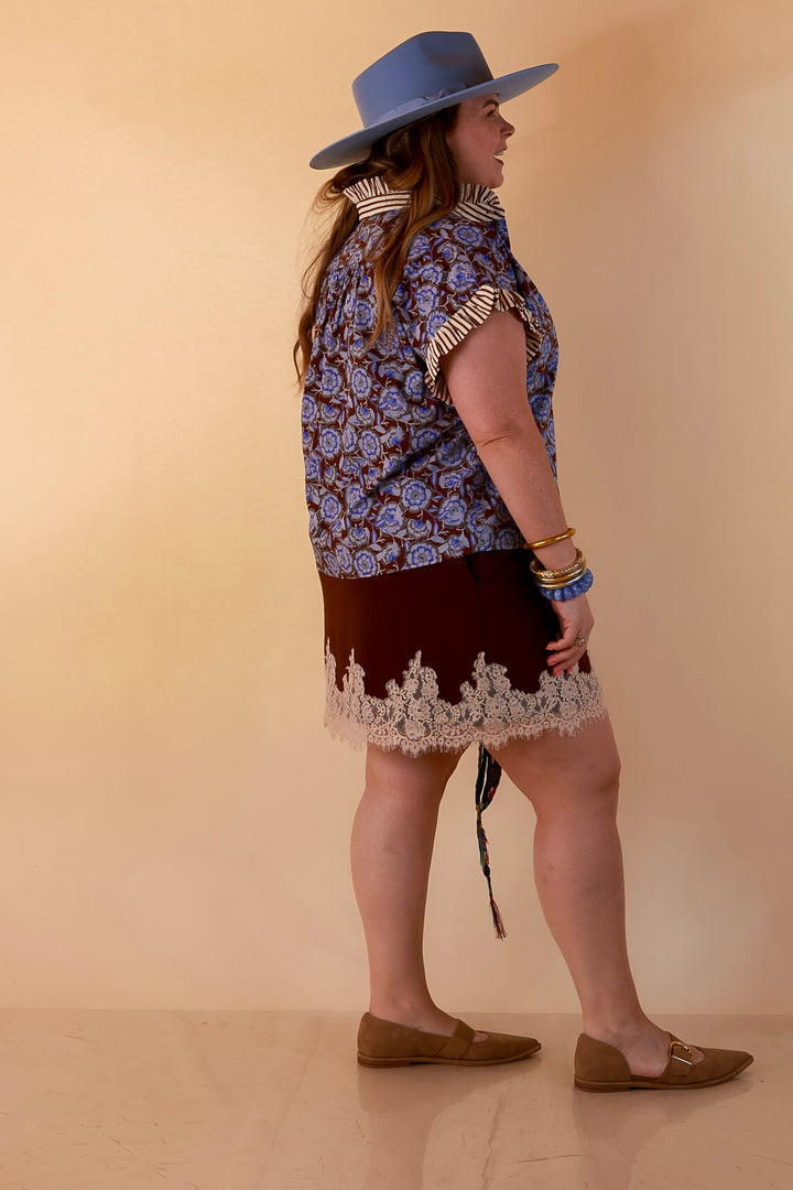 Effortless Grace Floral Print Flutter Stripe Sleeve and Ruffle Collar Detailing Blouse in Brown and Periwinkle Blue