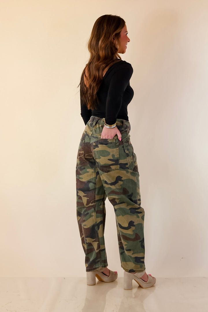 Risen | Built With Ease Wide Leg Drawstring Barrel Jean in Camo Print