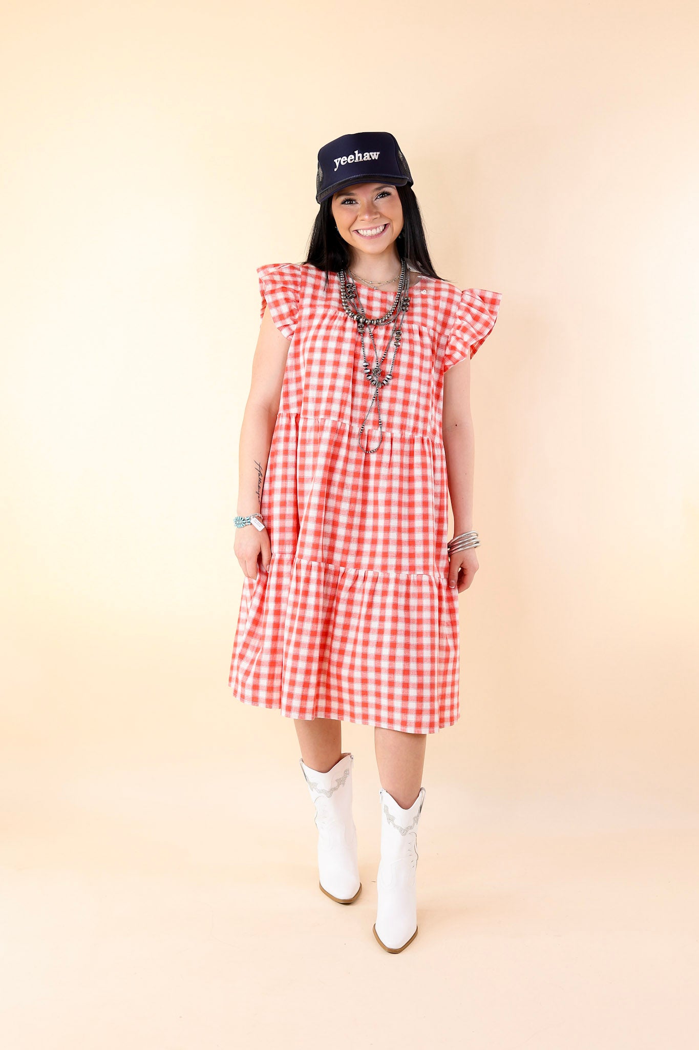 Sunny Pier Gingham Dress with Ruffle Cap Sleeves in Coral Red and White - Giddy Up Glamour Boutique